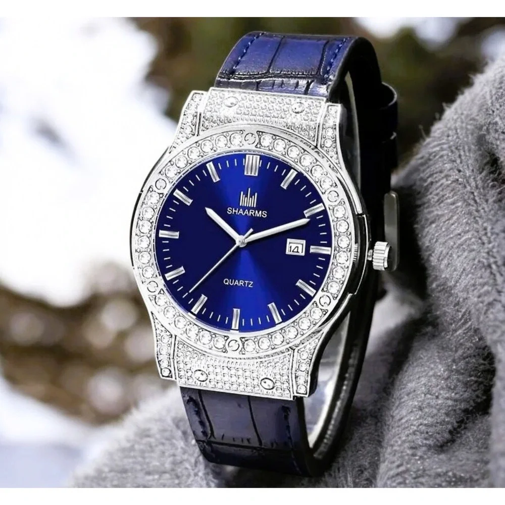 Shaarms Mens Quartz Watch Blue Dial Crystal Bezel Leather Strap Date‎ New